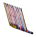 Set of Bauer hockey mini sticks in various colors on a white background