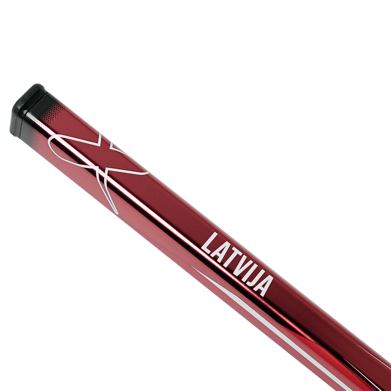 Red cylindrical object with 'LATVIJA' text on a white background