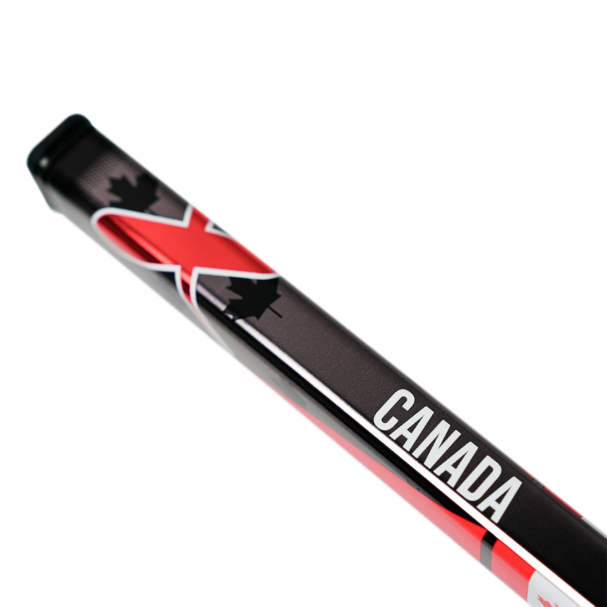 Hockey stick with 'Canada' and a red cross design on a white background