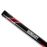 Black pool cue with red 'X' and 'Hungary' text on a white background