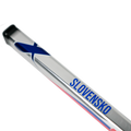 Metallic object with 'Slovensko' text and blue 'X' on a white background