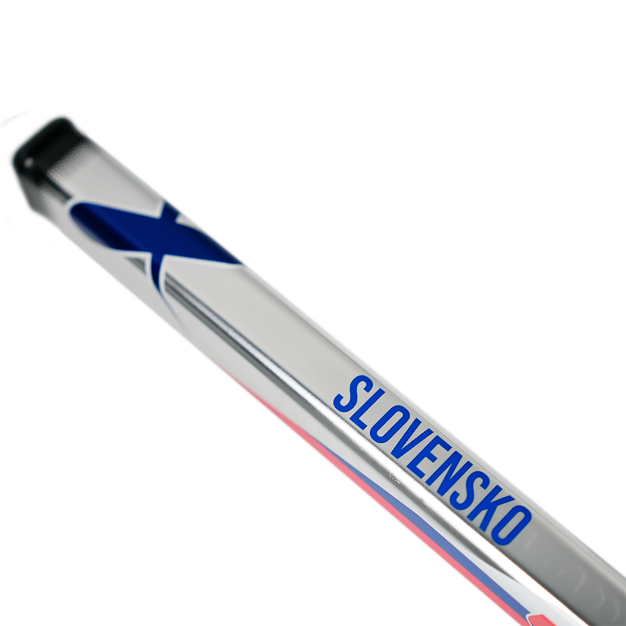 Metallic object with 'Slovensko' text and blue 'X' on a white background