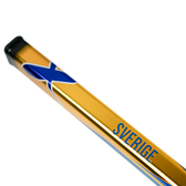 Gold object with blue 'X' and 'SVERIGE' text on a white background