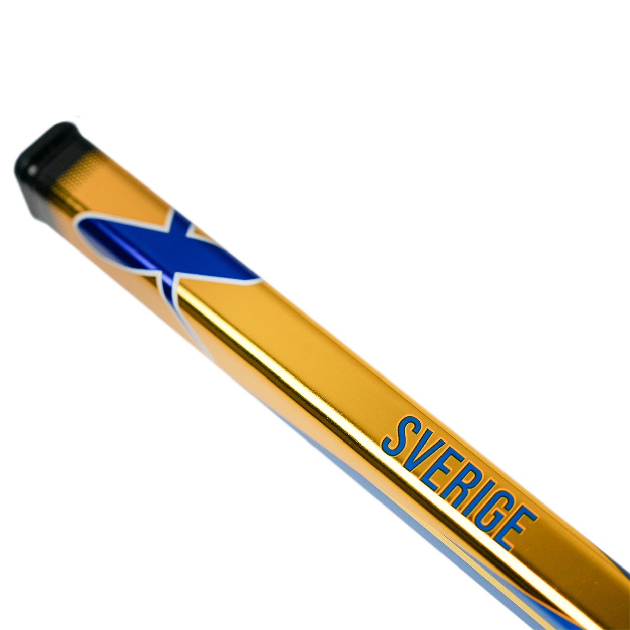 Gold object with blue 'X' and 'SVERIGE' text on a white background