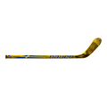 Yellow and blue Bauer hockey stick on a white background