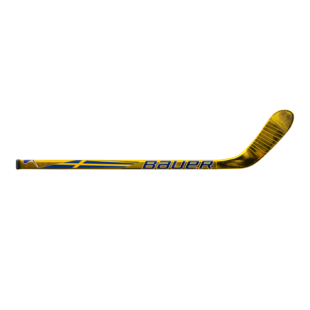 Yellow and blue Bauer hockey stick on a white background