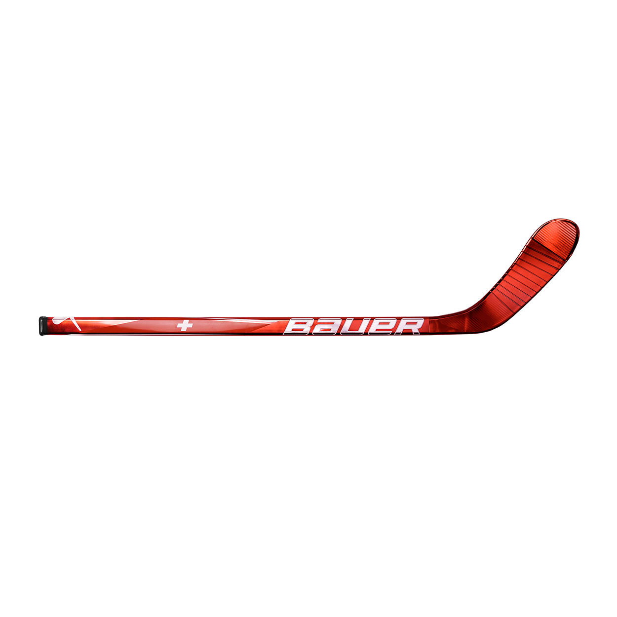 Red hockey stick with Bauer logo on a white background