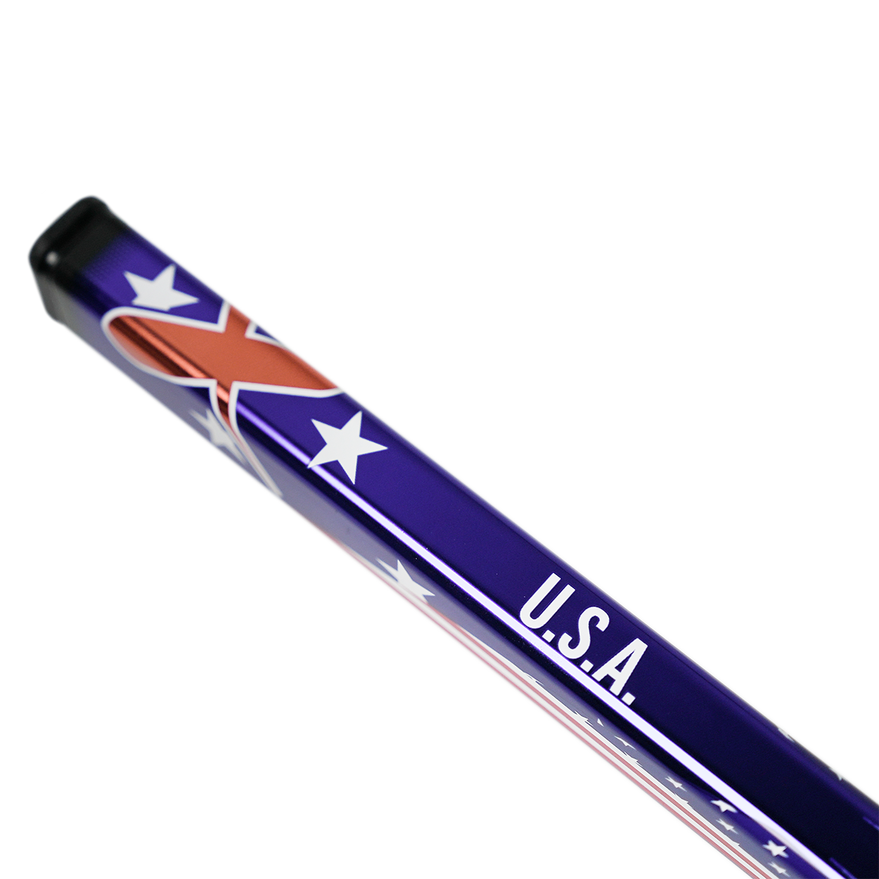 Golf club head with U.S.A. flag design on a white background