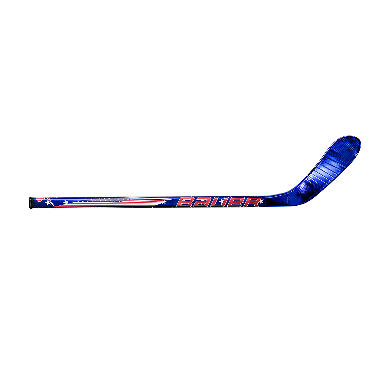 Blue hockey stick with red and white accents on a white background